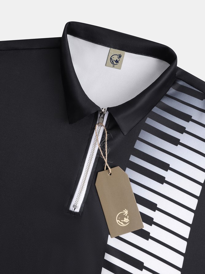 Casual Music Collection Geometric Color Block Piano Element Pattern Lapel Short Sleeve Polo Print Top