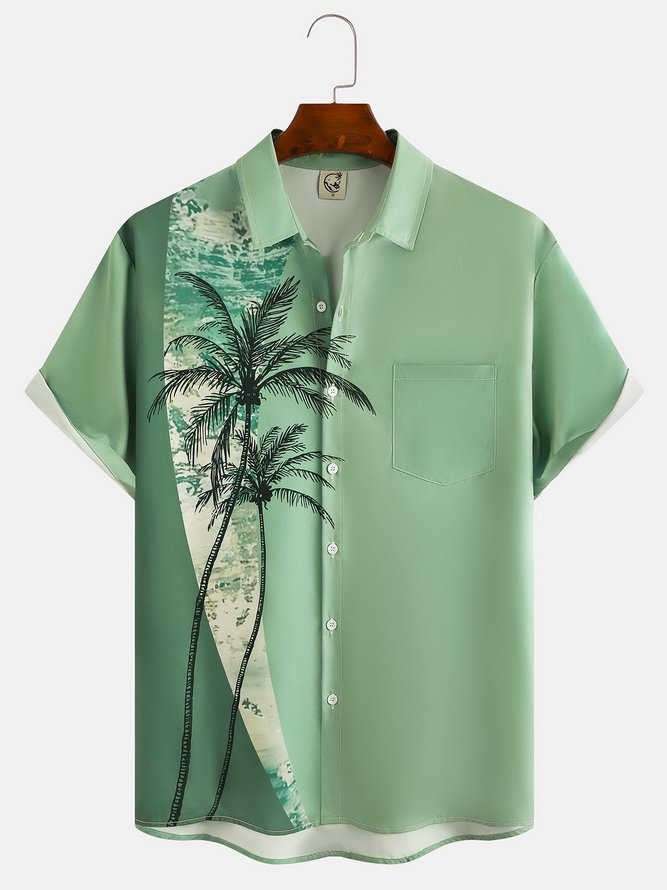 Resort Style Hawaiian Series Geometric Stitching Plant Coconut Tree Element Pattern Lapel Short-Sleeved Chest Pocket Shirt Printed Top