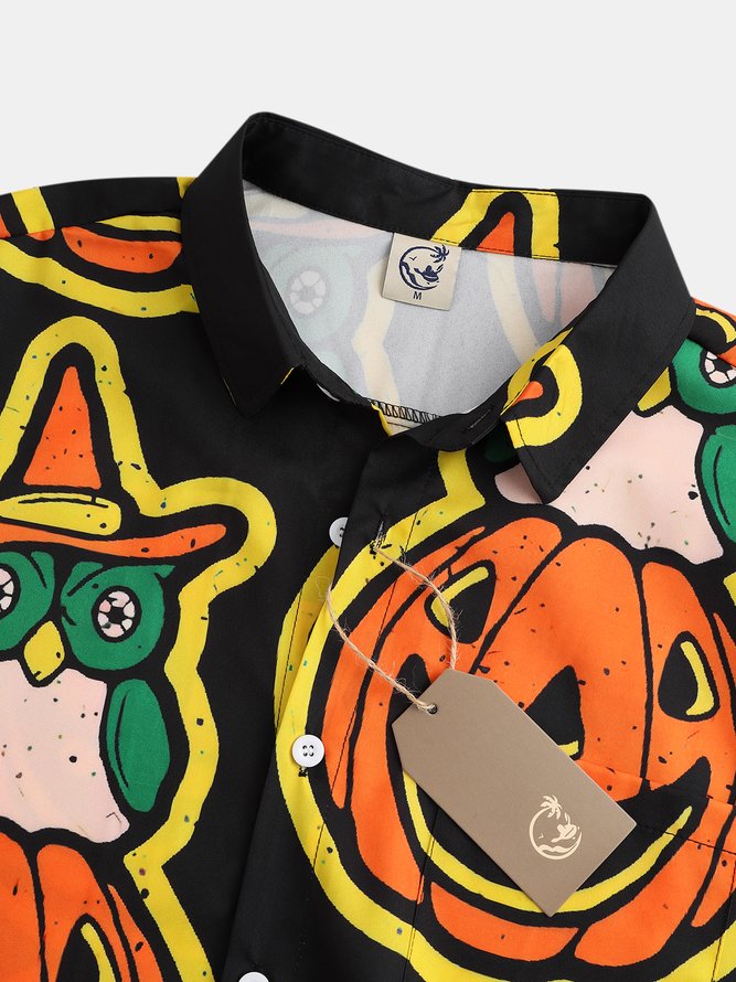 Mens Funky Halloween Pumpkin Print Front Buttons Soft Breathable Chest Pocket Casual Hawaiian Shirts