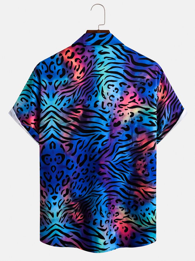 Leopard Gradient Color Chest Pocket Short Sleeve Shirt Resort Style Hawaii Series Lapel Top