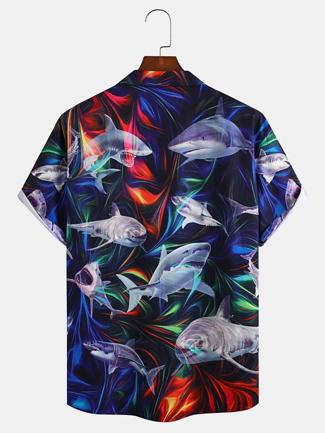 Vacation Style Hawaiian Series Marine Element Abstract 3D Shark Element Pattern Lapel Short-Sleeved Shirt Print Top