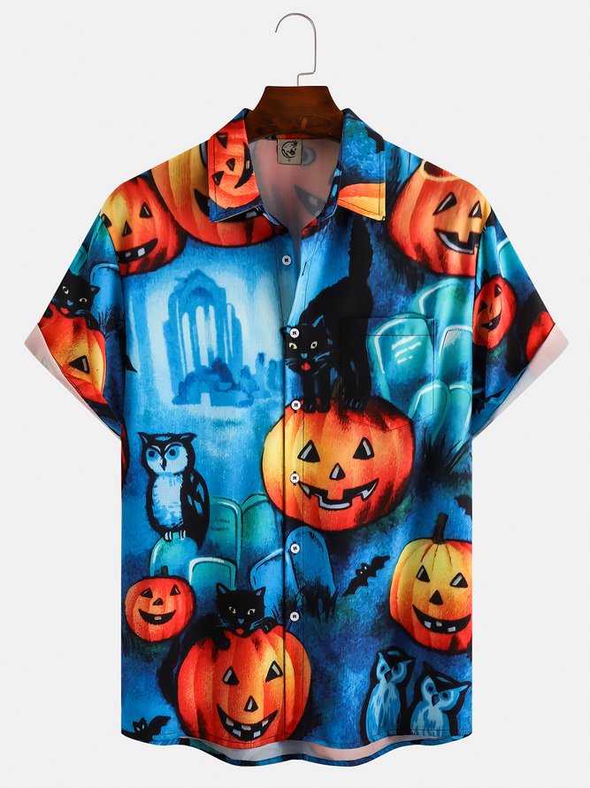Men's Halloween Print Casual Short Sleeve Shirt with Chest Pocket