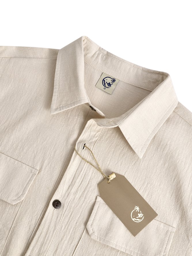 Cotton and Linen Plain Color Workwear Long Sleeve Shirt