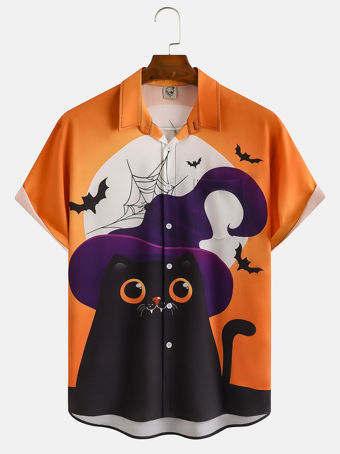 Men's Halloween Cat Graphic Print Short Sleeve Shirt