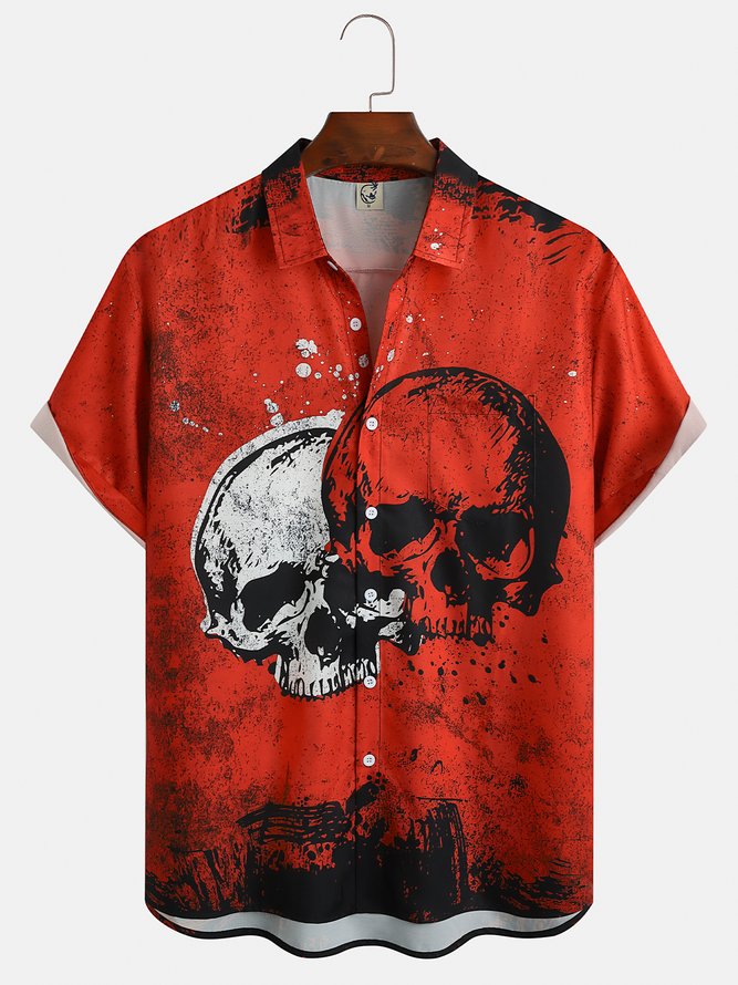 Mens Funky Punk Skull Print Front Buttons Soft Breathable Lapel Chest Pocket Casual Hawaiian Shirt
