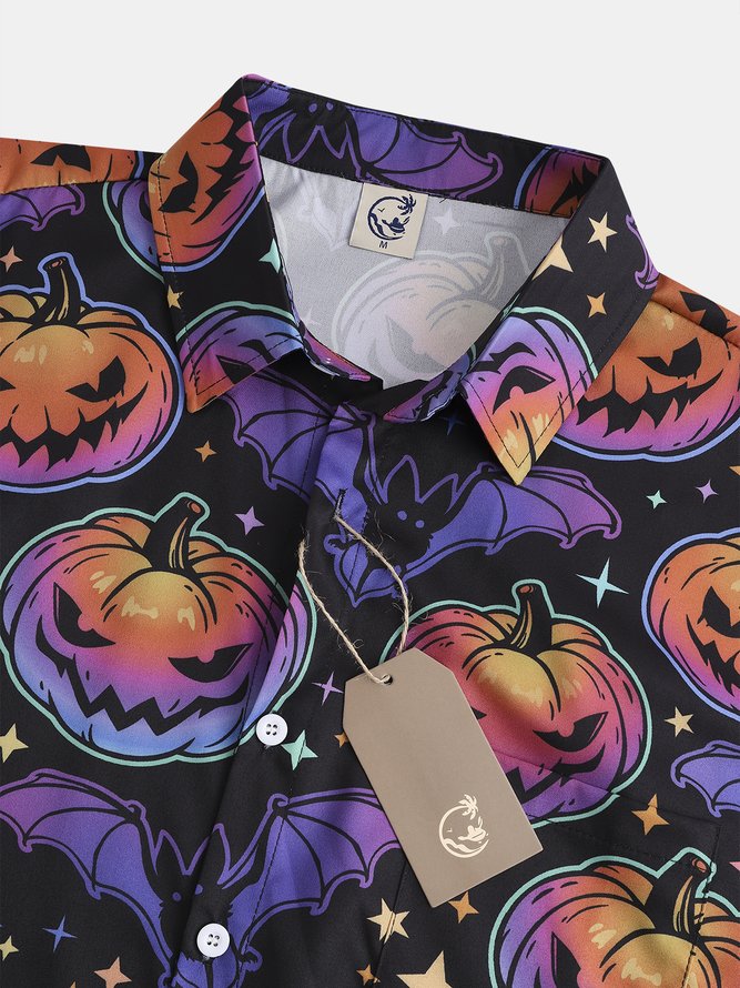 Men's Halloween Pumpkin Bat Element Graphic Print Short Sleeve Shirt