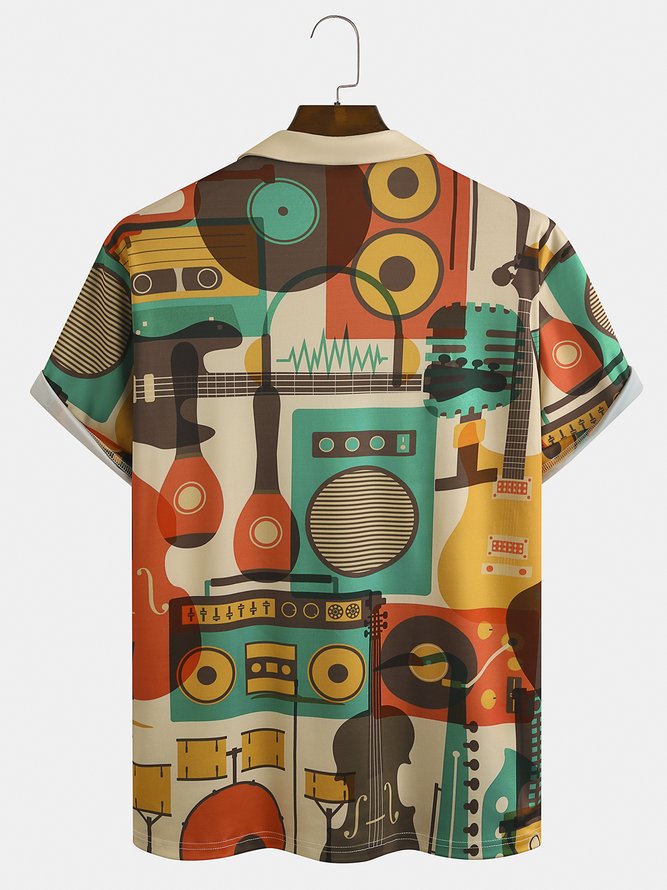 Casual Music Collection Geometric Instrument Guitar Pattern Lapel Short Sleeve Polo Print Top