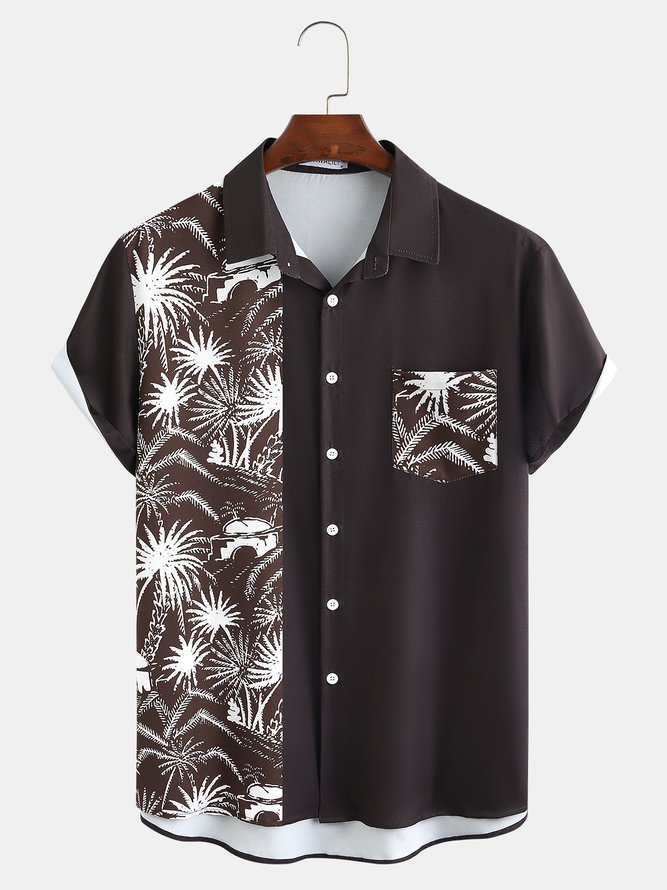 Mens Coconut Tree Print Casual Vintage Hawaiian Short Sleeve Shirt