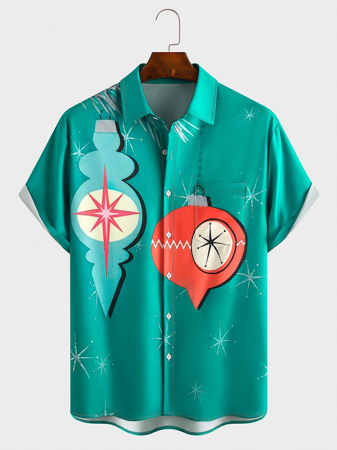 Casual Style holiday Series Retro Christmas Christmas Tree Decoration Light Element Pattern Lapel Short-Sleeved Shirt Print Top