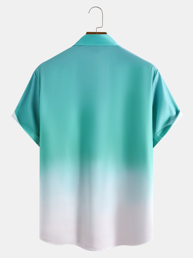 Men's Cotton Linen Gradient Coconut Tree Print Short Sleeve Shirt