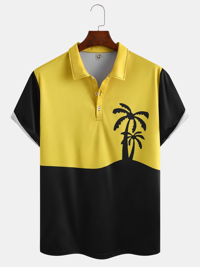 Holiday Style Hawaiian Series Color Block Plant Coconut Tree Element Pattern Lapel Short-Sleeved Polo Print Top