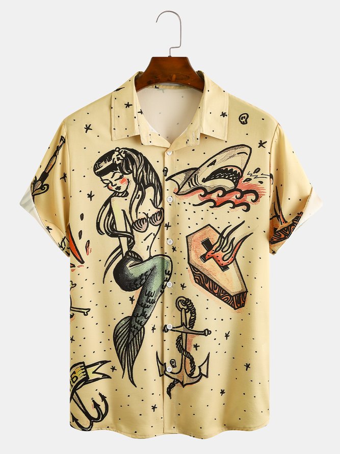 Men's Hawaiian Mermaid Ocean Element Retro Print Casual Breathable Short Sleeve Shirt