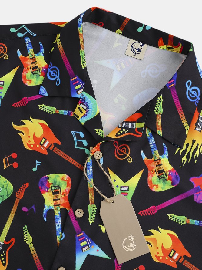 Mens Rock Roll Guitar Print Casual Breathable Short Sleeve Aloha Shirt