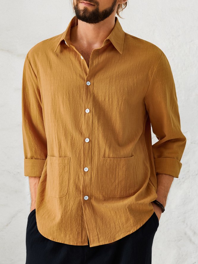 Cotton Linen Plain Color Casual Long Sleeve Shirt