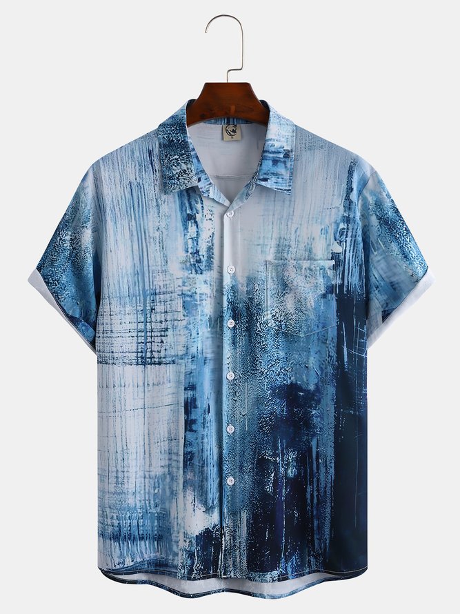 Mens Art Painting Front Buttons Soft Breathable Chest Pocket Casual Hawaiian Shirt