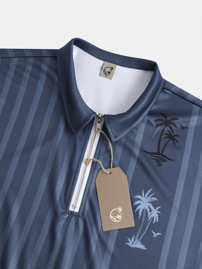 Resort Hawaiian Striped Geometric Coconut Tree Pattern Lapel Short Sleeve Polo Print Top