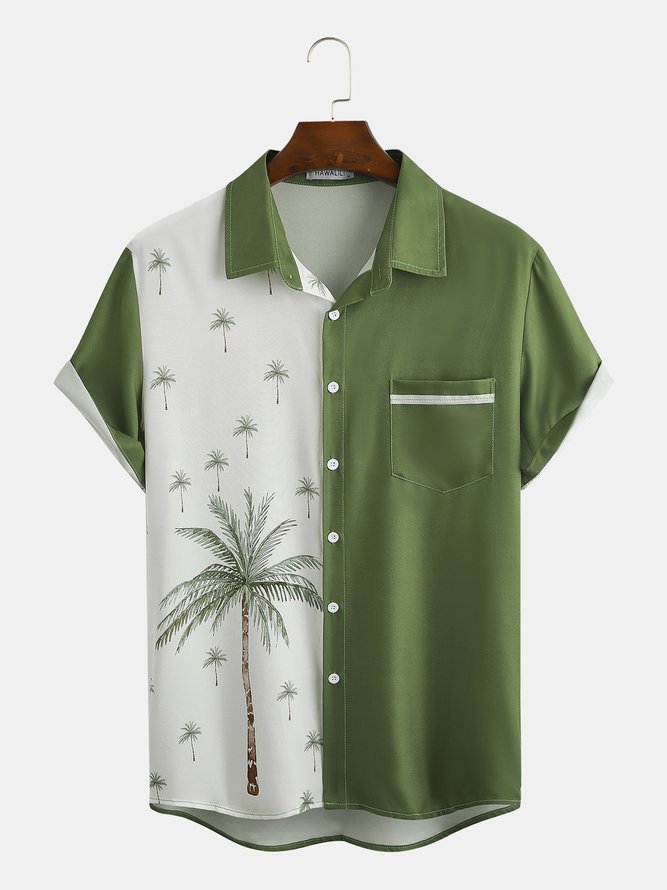 Coconut Tree Pattern Men's Casual Chest Pocket Hawaiian Short Sleeve Shirt