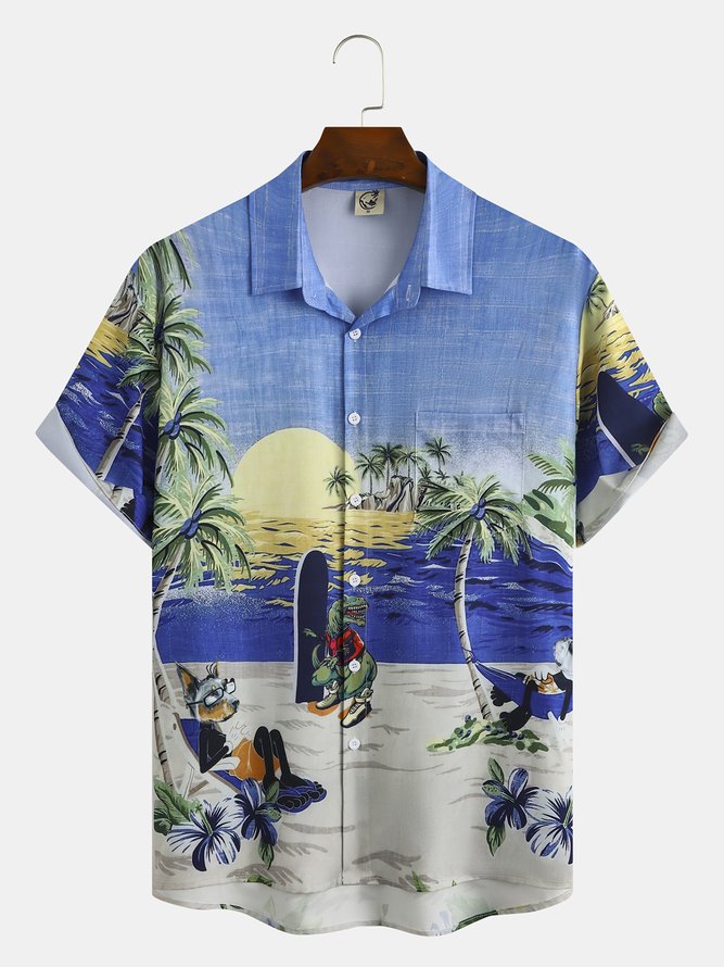 Men's Beach Animal Floral Print Moisture-Breathable Fabric Hawaiian Lapel Short Sleeve Shirt