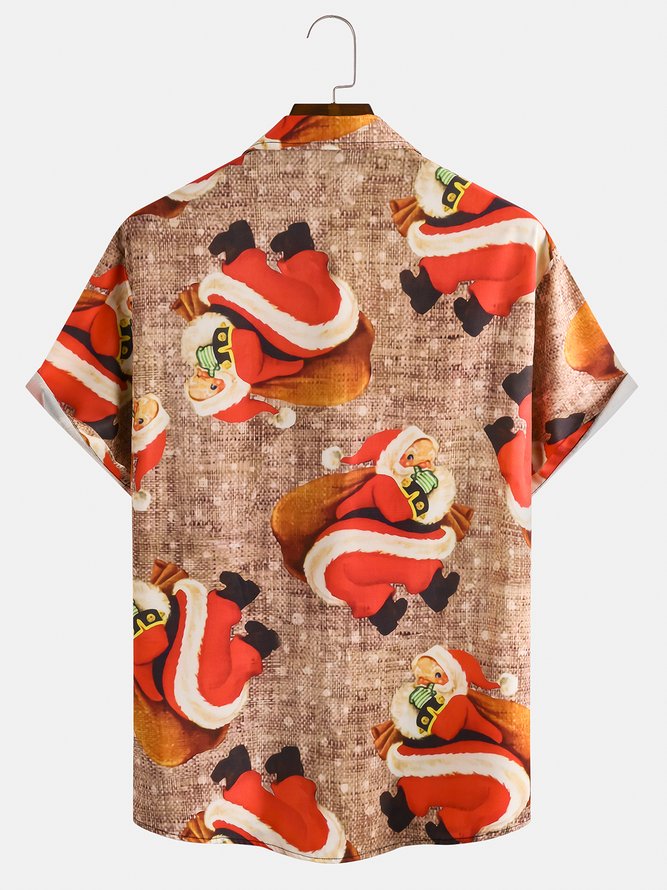 Casual Style Holiday Series Retro Christmas Santa Claus Element Pattern Lapel Short-Sleeved Shirt Print Top