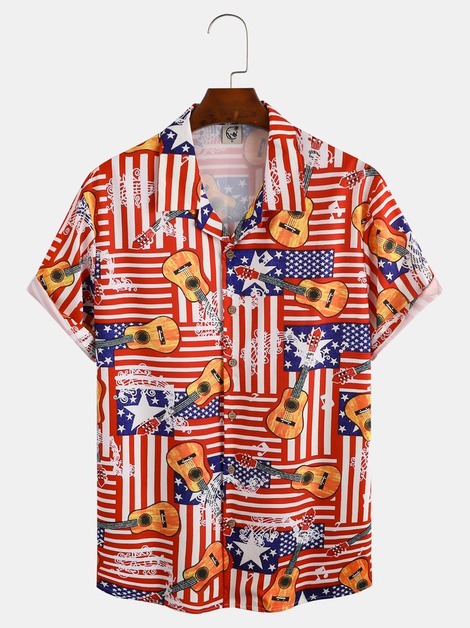 Mens American Flag Print Casual Breathable Short Sleeve Aloha Shirt
