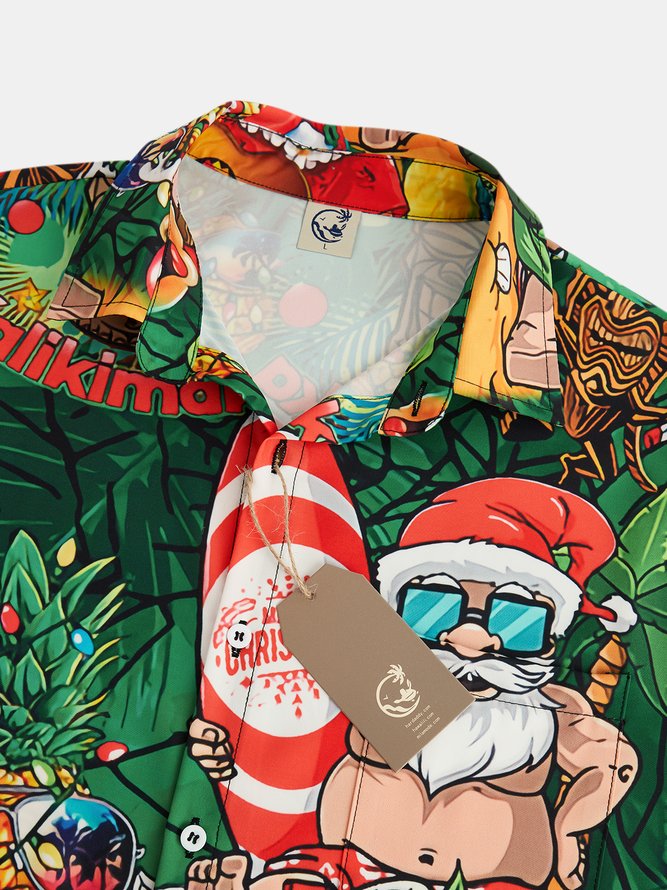 Santa Claus Surfing Chest Pocket Short Sleeve Hawaiian Shirt