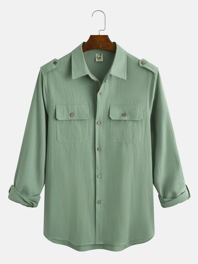 Cotton Linen Casual Work Pocket Long Sleeve Shirt