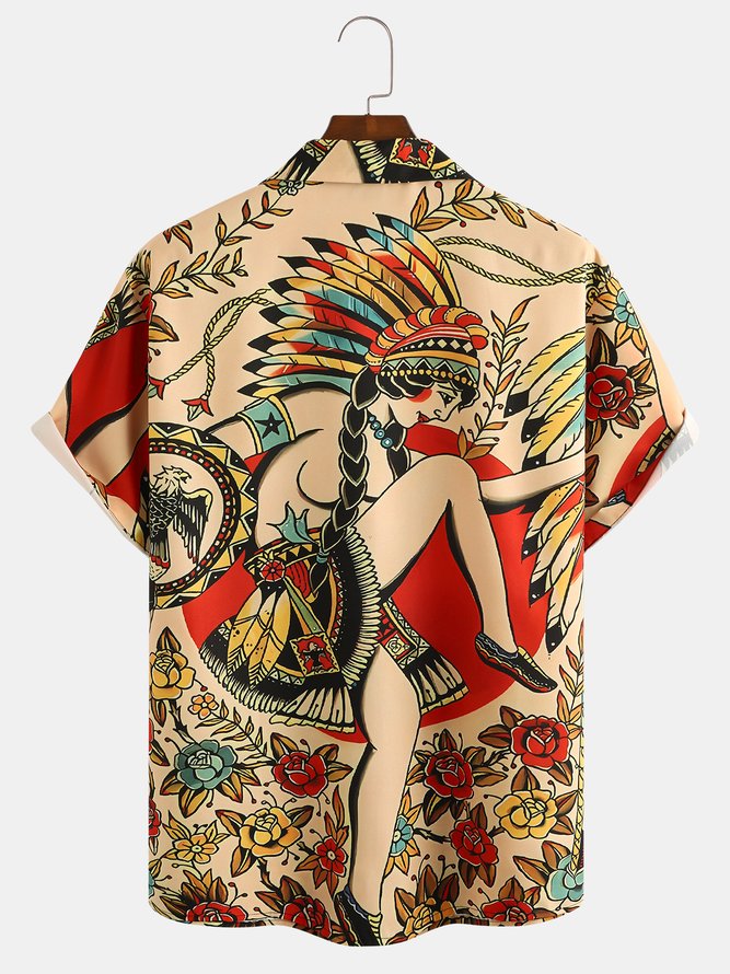 Mens Hawaiian Retro Indian Print Camp Collar Loose Short Sleeve Funky Hawaiian Shirts