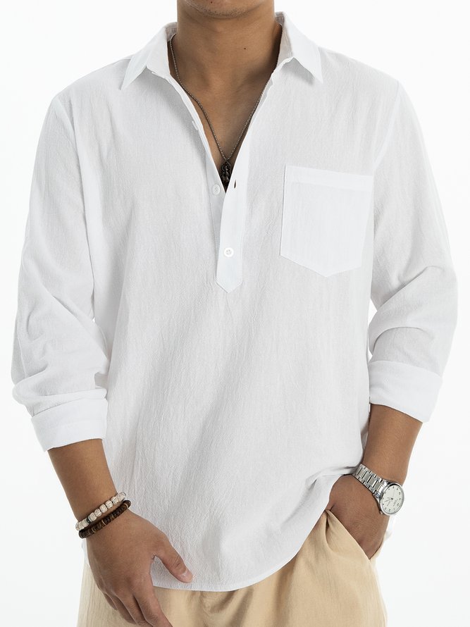 Casual Cotton-Blend Plain Shirt