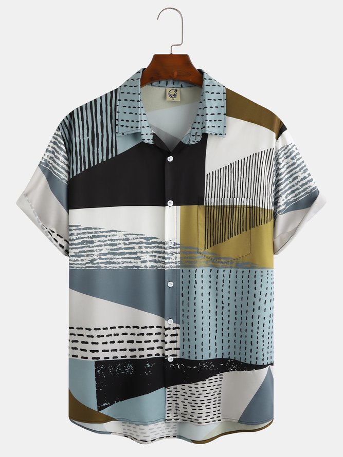 Men's Geometric Floral Print Moisture-Breathable Fabric Hawaiian Lapel Short Sleeve Shirt