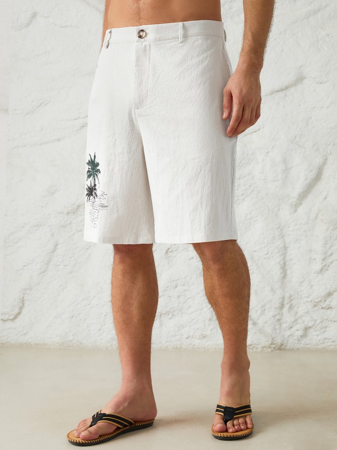 Mens Hawaiian Coconut Tree Print Cotton Linen Casual Shorts