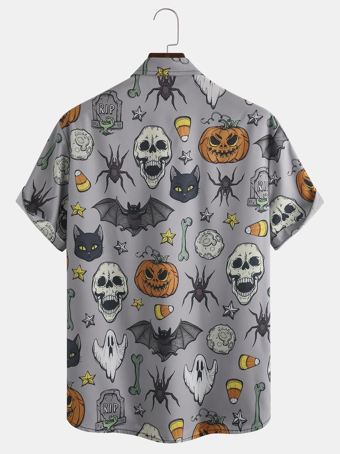 Casual Style Holiday Series Retro Halloween Skull Bat Pumpkin Element Pattern Lapel Short-Sleeved Shirt Print Top