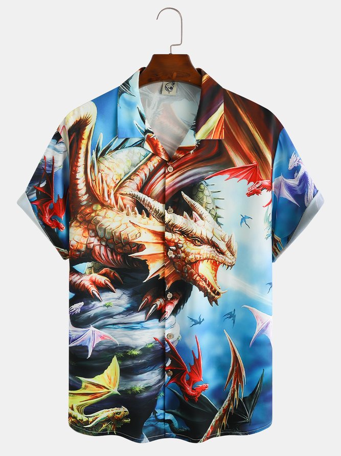 Mens Dragon Print Front Buttons Soft Breathable Loose Casual Hawaiian Shirts