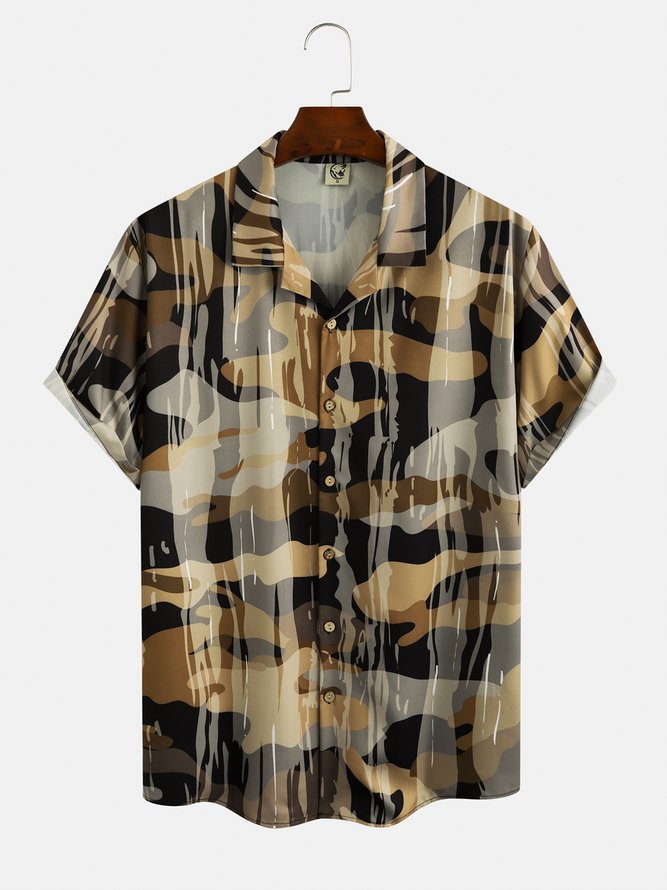 Mens Outdoor Camo Print Casual Breathable Short Sleeve Aloha Shirt
