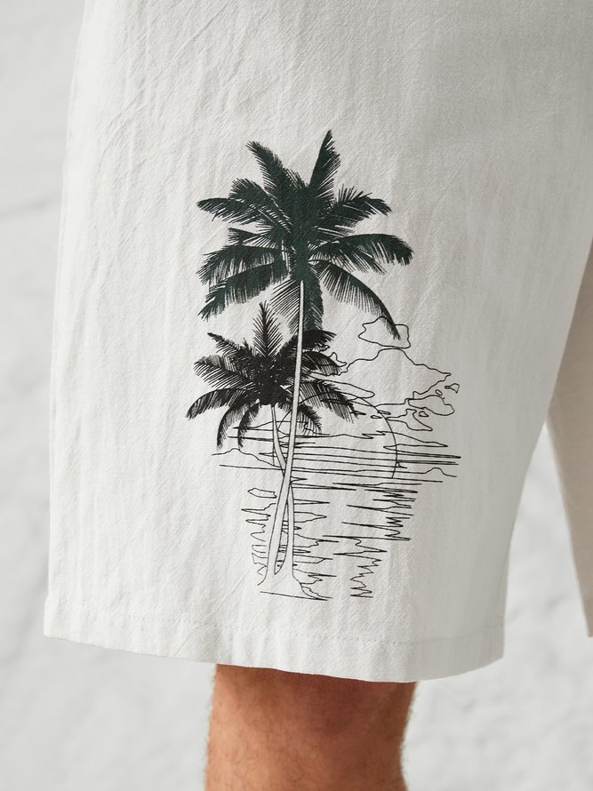 Mens Hawaiian Coconut Tree Print Cotton Linen Casual Shorts