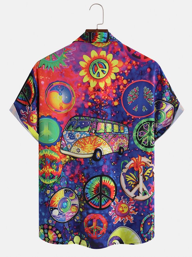 Mens Hippies Peace&Love Print Front Buttons Soft Breathable Chest Pocket Casual Hawaiian Shirts