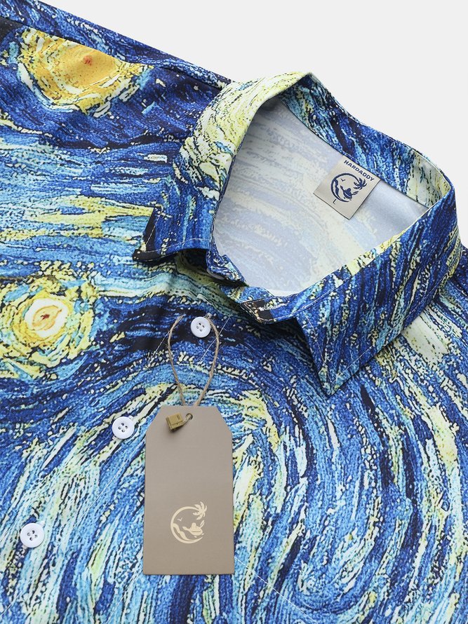 Mens Retro Van Gogh Short Sleeve Shirt Lapel Loose Funky Hawaiian Shirt