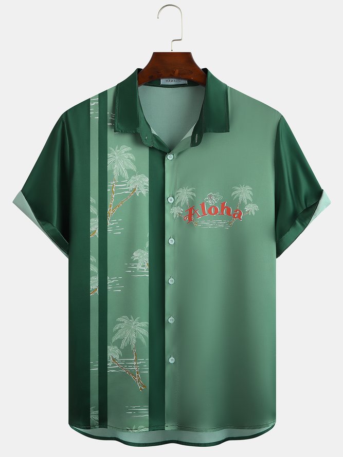 Resort Style Hawaiian Series Geometric Striped Coconut Tree Element Lapel Short-Sleeved Shirt Print Top