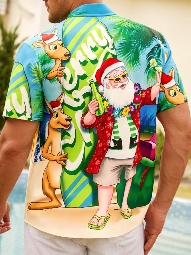 Men's Beach Santa Print Casual Breathable Hawaiian Short Sleeve Shirt