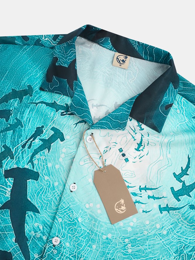 Mens Ocean Shark Print Casual Short Sleeve Shirt Aloha Shirt