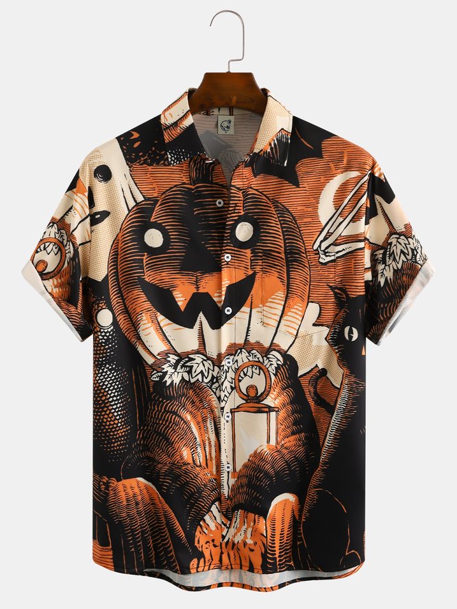 Men's Halloween Pumpkin Print Short Sleeve Hawaiian Shirt with Breast Pocket