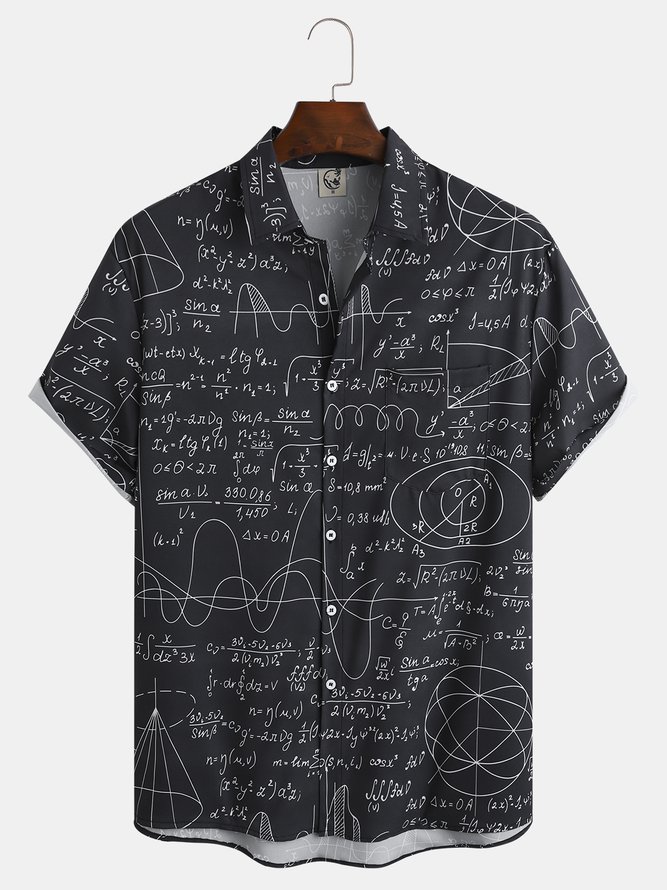 Mens Math Formula Print Front Buttons Soft Breathable Chest Pocket Casual Hawaiian Shirt
