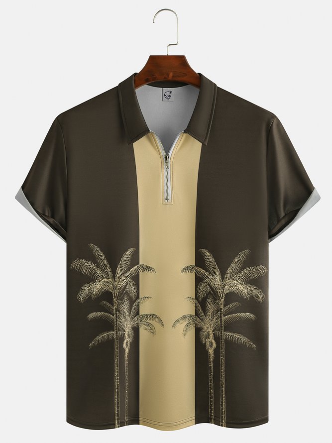 Resort Style Hawaiian Series Botanical Coconut Tree Element Pattern Lapel Short-Sleeved Polo Print Top