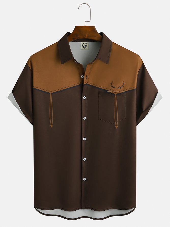 Men's Vintage Geometric Christmas Elk Antlers Print Fashion Hawaiian Short Sleeve Shirt