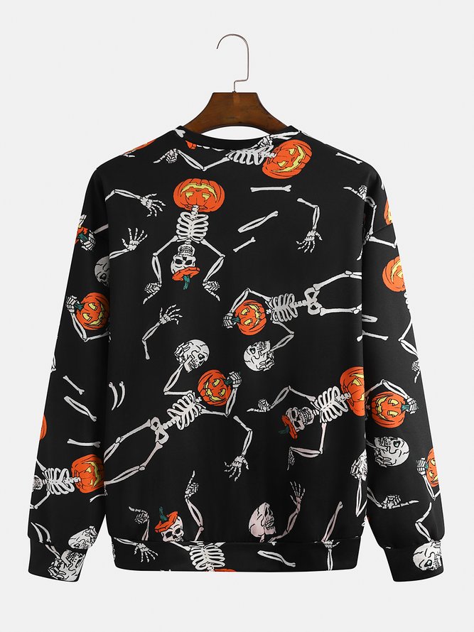 Men's Halloween Skull Pumpkin Graphic Print Crew Neck Sweatshirt