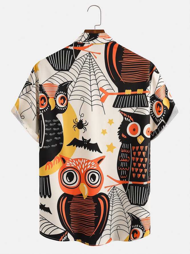 Men's Halloween Owl Print Short Sleeve Hawaiian Shirt with Chest Pocket