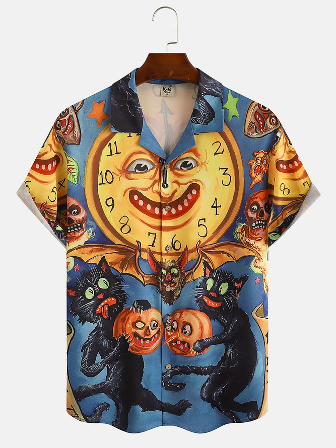 Mens Halloween Print Front Buttons Soft Breathable Loose Casual Hawaiian Shirts