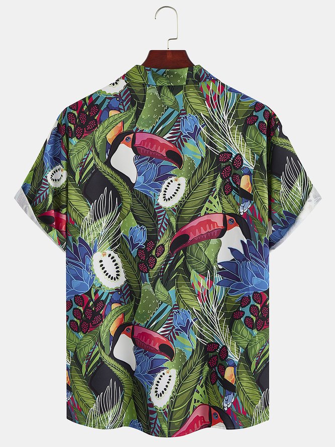 Mens Hawaiian Toucan Parrots Print Casual Breathable Short Sleeve Aloha Shirt