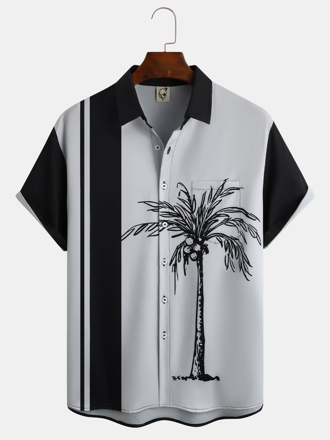 Mens Coconut Tree Print Front Buttons Soft Breathable Chest Pocket Casual Bowling Shirt