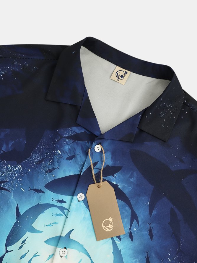 Mens Funky Shark Print Casual Breathable Short Sleeve Aloha Shirt