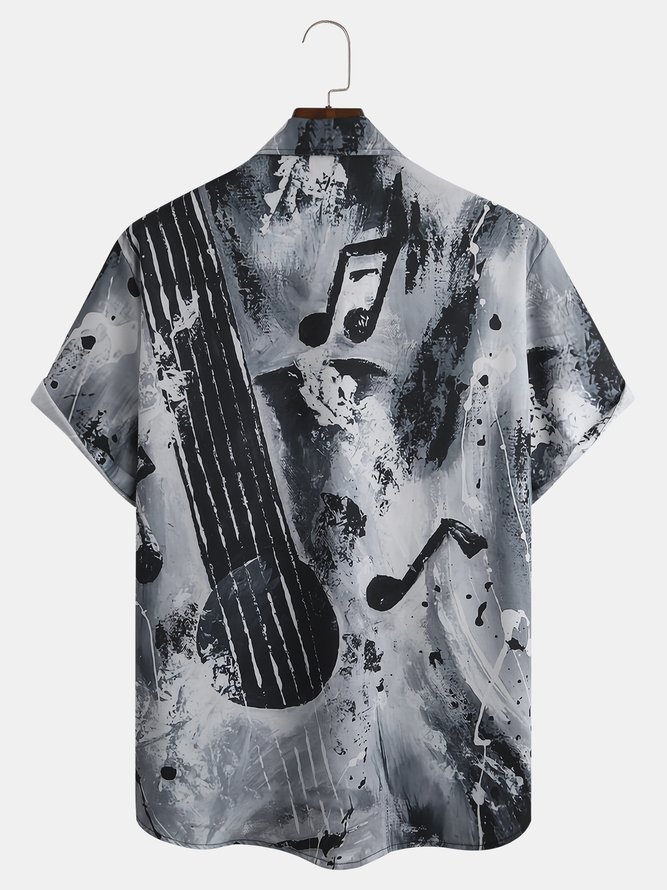 Mens Art Music Oil Painting Print Front Buttons Soft Breathable Chest Pocket Casual Hawaiian Shirt